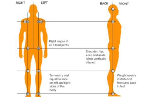 Diagram showing ideal human posture from front and side views with alignment markers at ankles, knees, hips, shoulders, and head