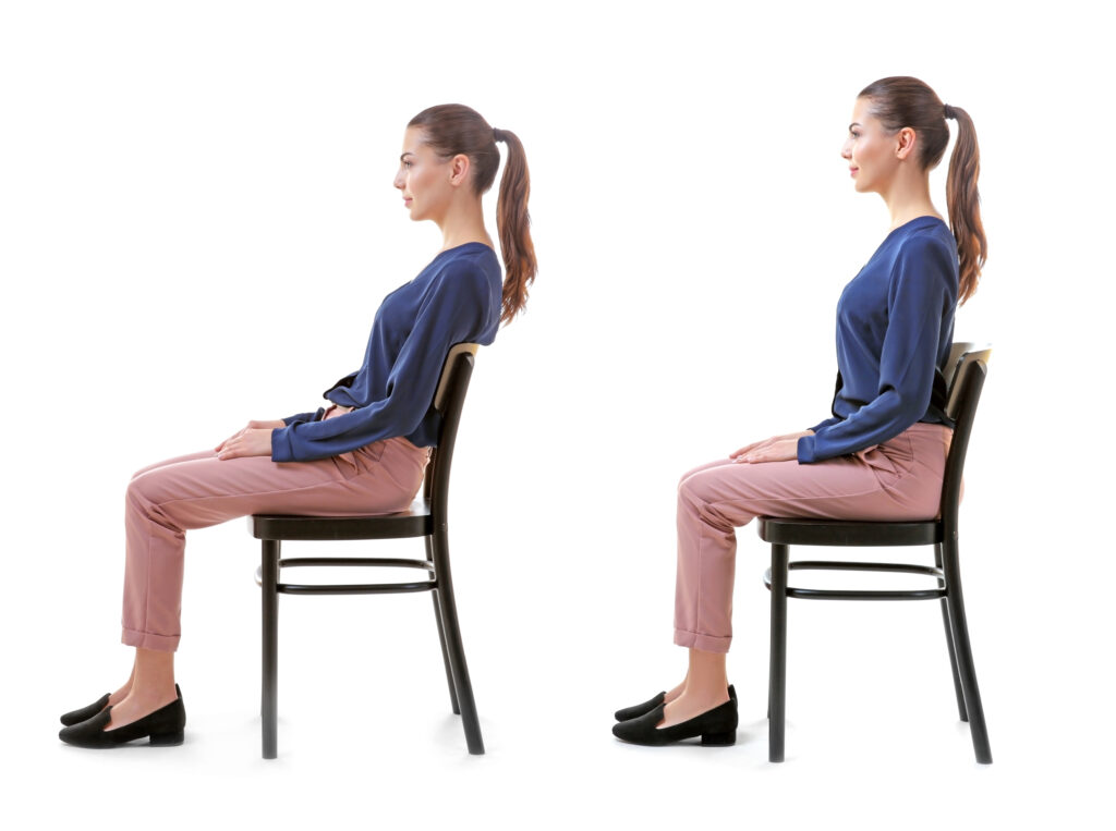 Side-by-side image showing poor posture vs upright posture while sitting in the same chair.