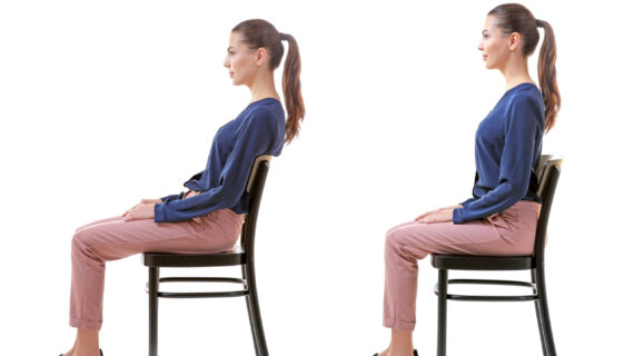 Side-by-side image showing poor posture vs upright posture while sitting in the same chair.
