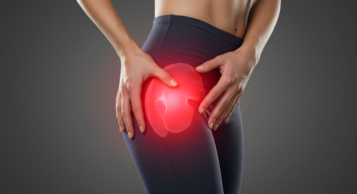 Illustration of hip joint pain in woman, highlighting a common area affected by posture misalignment.