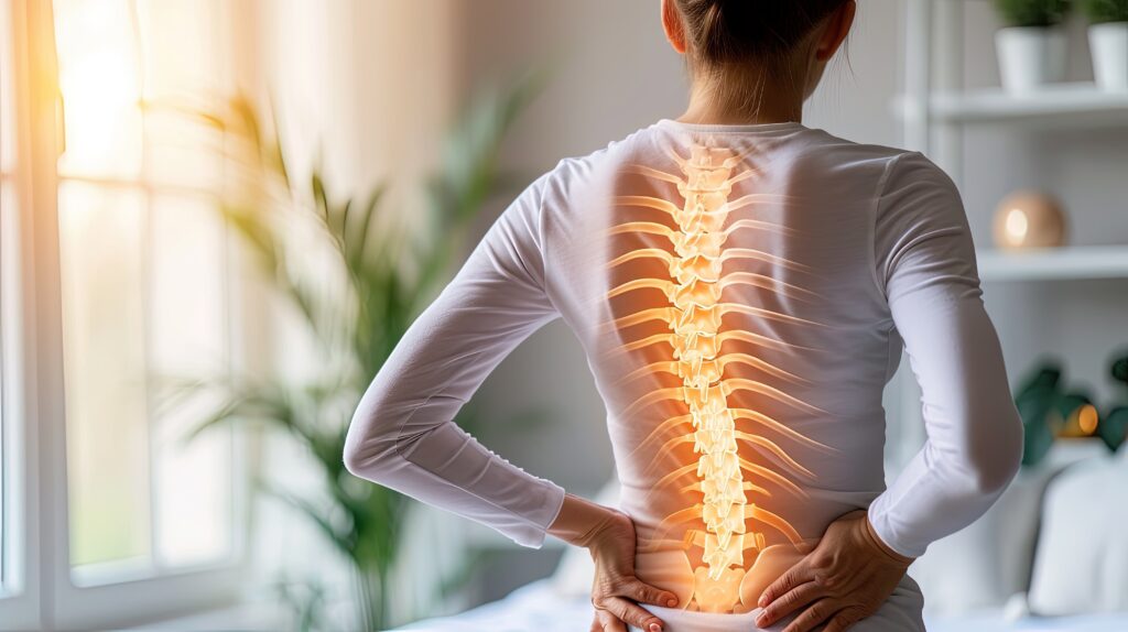 Woman holding her lower back with glowing spine overlay, symbolising posture-related pain and spinal stress